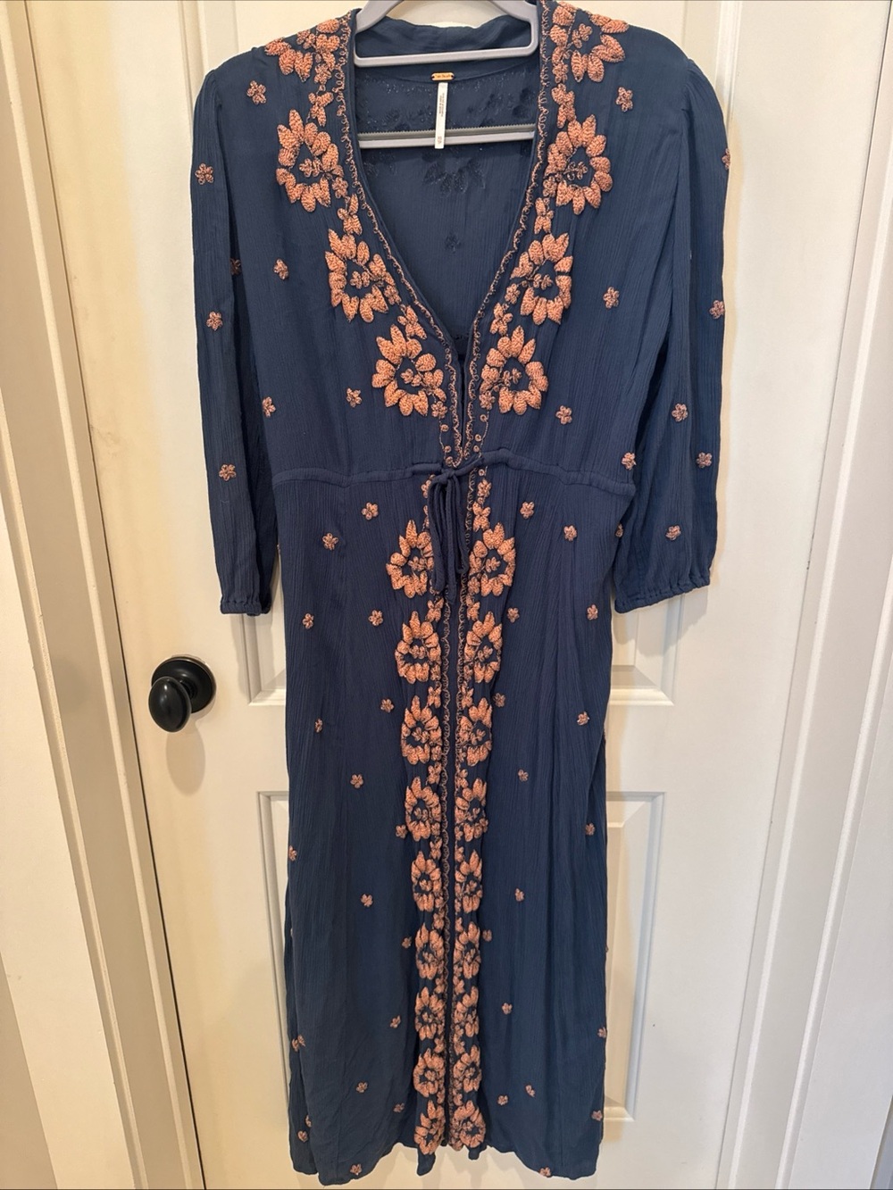 Free People XS Embroidered Maxi Dress Blue Boho peach V-Neck Drawstring Waist